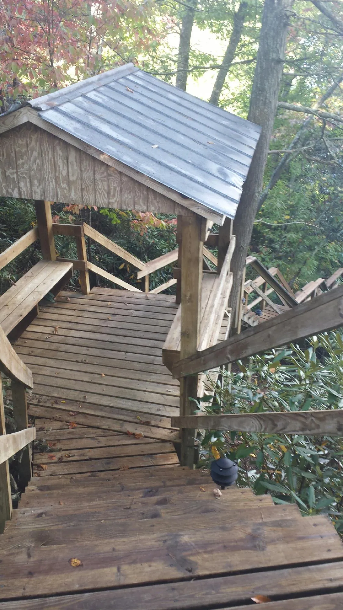 Metal roofed shelter over wooden steps on a wooded walkway — Skylight Repair & Installation work by our crew in Rockingham